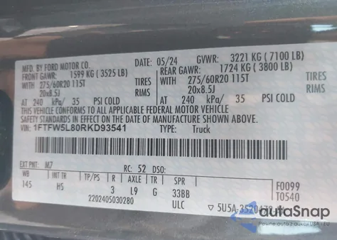 2024 Ford F-150 Lariat z USA, uszkodzony, nr VIN 1FTFW5L80RKD93541